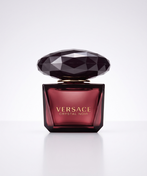Versace Crystal Noir EDT for Women 90ml, luxurious dark burgundy perfume in a black crystal-cut glass bottle with matching packaging, available for perfume shopping in Abu Dhabi, Dubai and across the UAE.