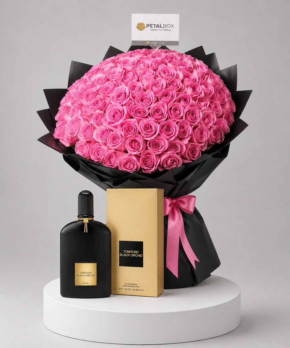 100 Pink Roses & Black Orchid Combo