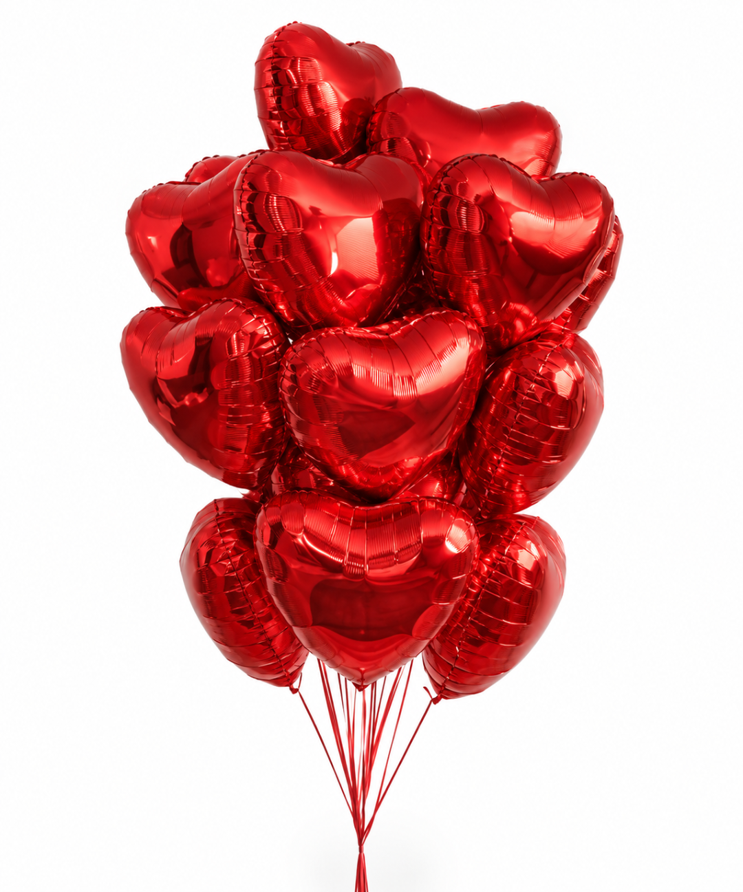 Bunch of 12 red heart shaped helium balloons