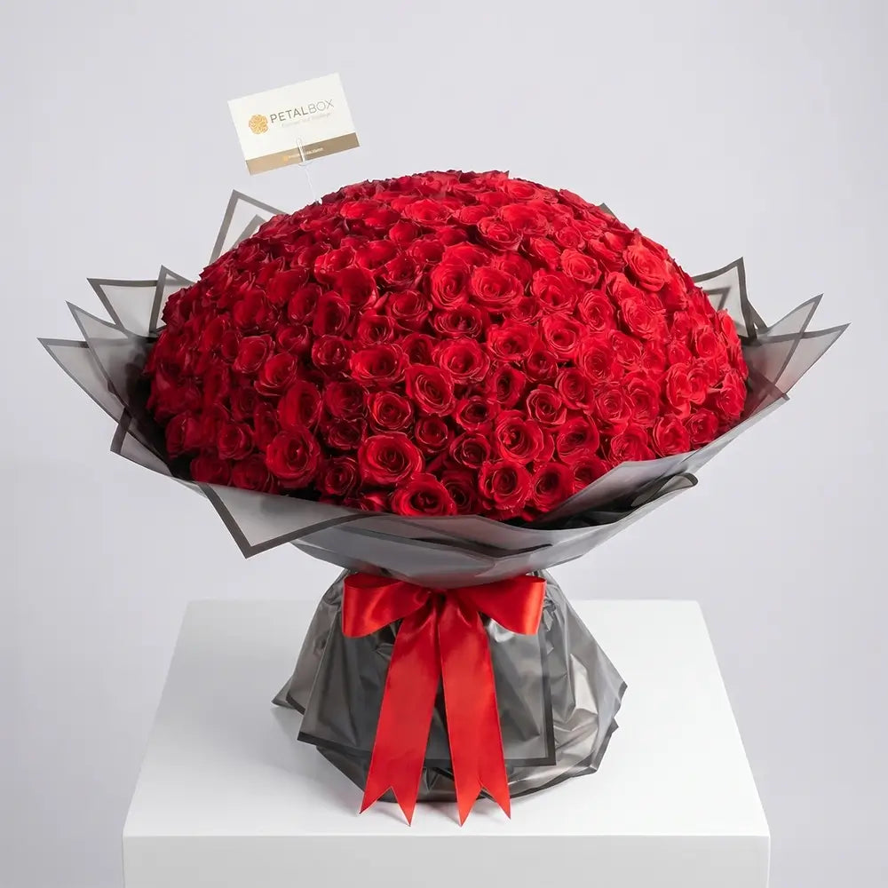 Luxury mega red rose dome bouquet with premium black wrapping and elegant red ribbon, featuring hundreds of fresh red roses for grand romantic gifting and special occasions.