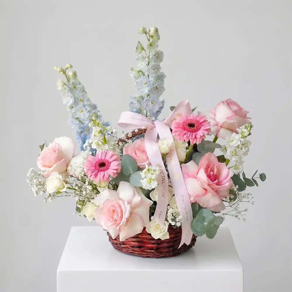 Petal Box pink rose and gerbera flower basket arrangement in Abu Dhabi and Dubai