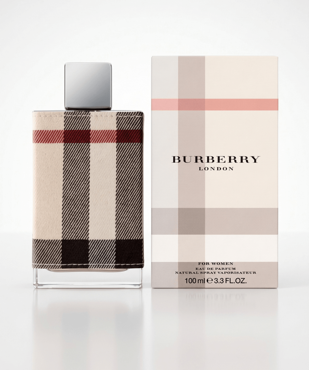 Burberry London Eau de Parfum for Women 100ml, featuring the signature beige Burberry check pattern on the perfume bottle and matching cream gift box, available for women's designer perfume shopping in Abu Dhabi, Dubai and across the UAE.