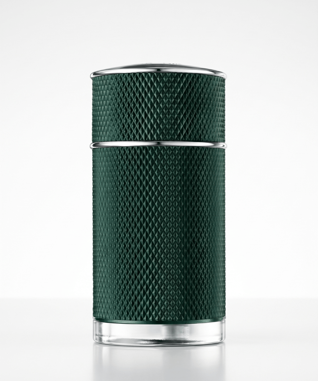 Dunhill London Icon Racing Eau de Parfum for Men 100ml, featuring a dark green textured cylindrical perfume bottle with silver accents and matching green packaging, available for men's luxury perfume shopping in Abu Dhabi, Dubai and across the UAE.
