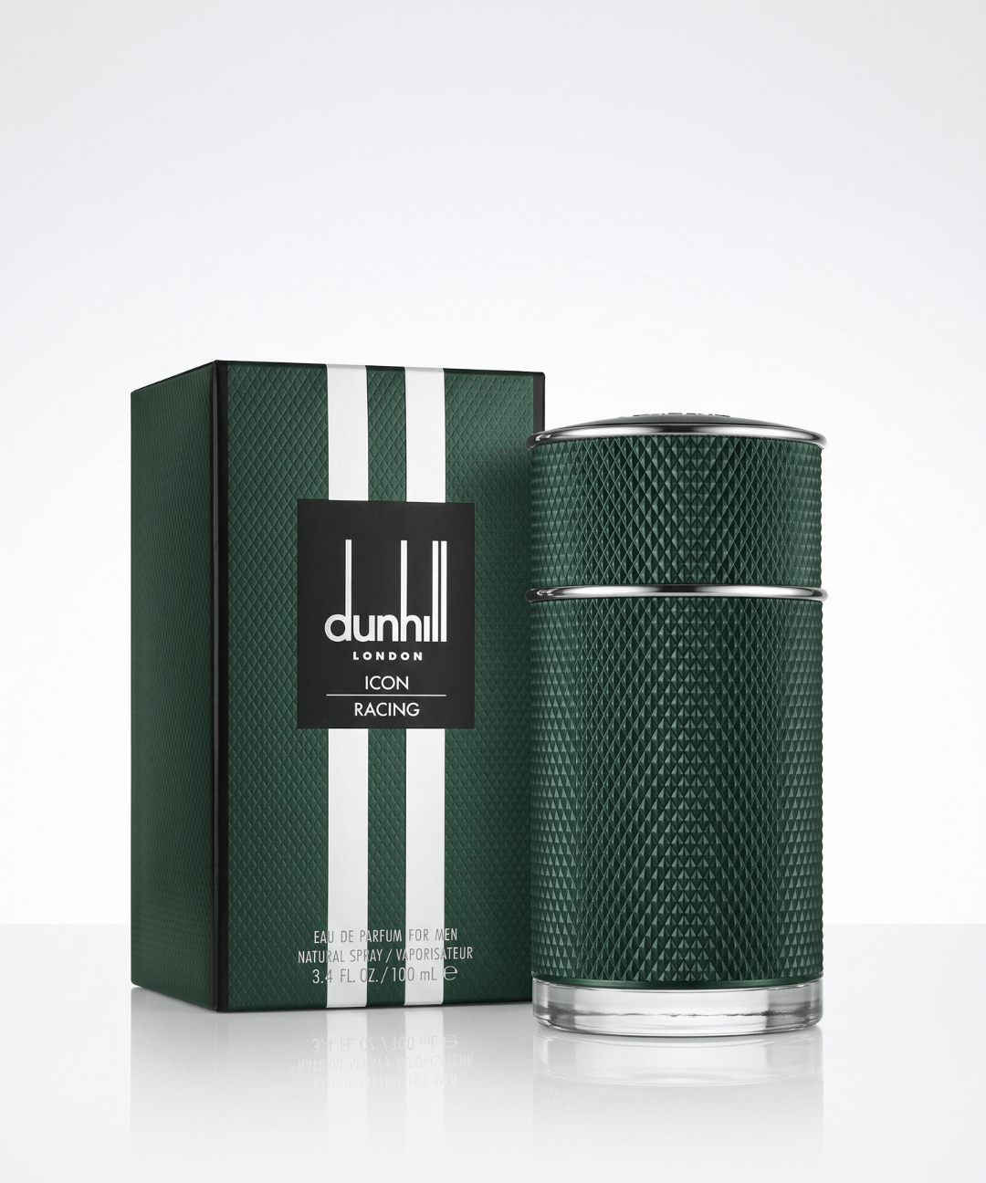 Dunhill London Icon Racing Eau de Parfum for Men 100ml, featuring a dark green textured cylindrical perfume bottle with silver accents and matching green packaging, available for men's luxury perfume shopping in Abu Dhabi, Dubai and across the UAE.