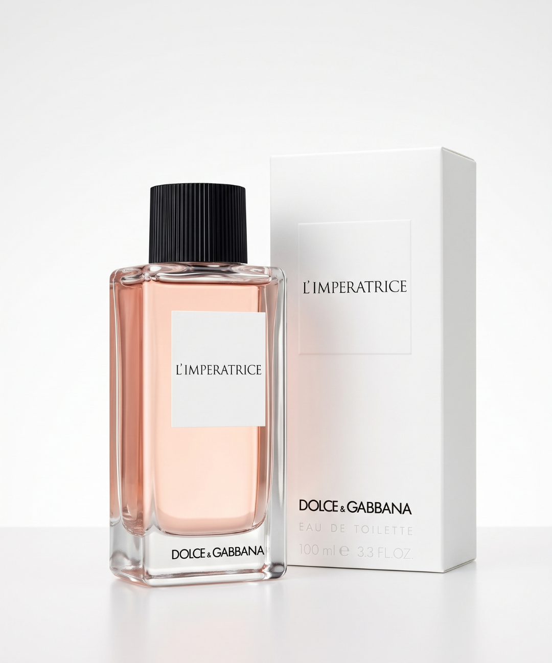 Dolce & Gabbana L’Imperatrice Eau de Toilette perfume, featuring a rectangular clear glass bottle with a black cap and soft pink fragrance, available for women's perfume shopping in Abu Dhabi, Dubai and across the UAE.