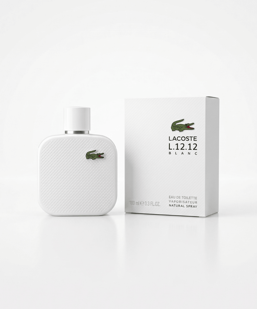 Lacoste L.12.12 Blanc Eau de Toilette for Men 100ml, featuring a white textured rectangular perfume bottle with the signature green crocodile logo and matching white packaging, available for men's designer perfume shopping in Abu Dhabi, Dubai and across the UAE.