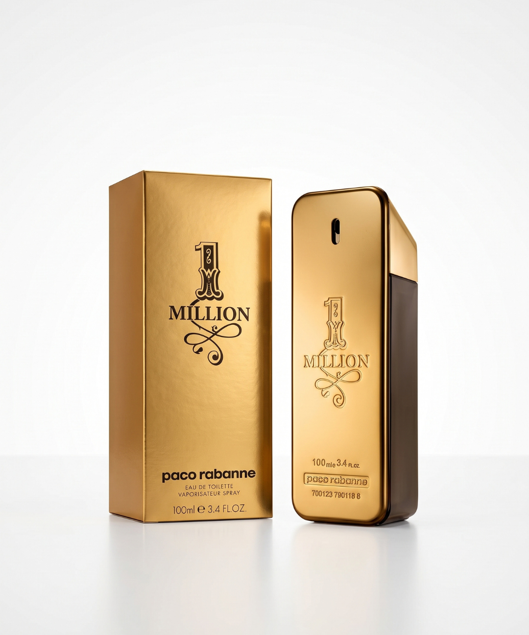 Paco Rabanne 1 Million Eau de Toilette Spray for Men, luxurious gold bar-shaped perfume bottle with a metallic finish and amber glass sides, ideal for men's fragrance shopping in Abu Dhabi, Dubai and across the UAE.