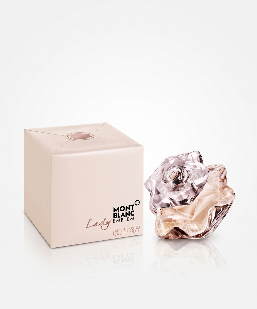 Montblanc Lady Emblem Eau de Parfum for Women 50ml, featuring a faceted blush pink crystal-shaped perfume bottle with matching elegant packaging, available for women's luxury perfume shopping in Abu Dhabi, Dubai and across the UAE.