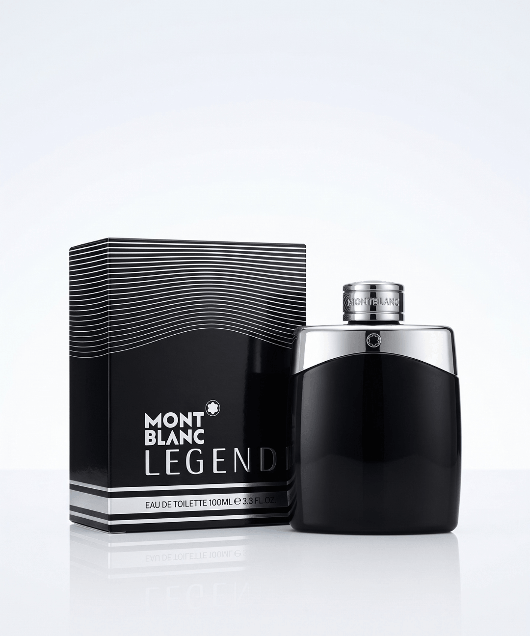 Montblanc Legend Eau de Toilette for Men 100ml, featuring a sleek black perfume bottle with a silver metallic cap and matching black packaging with silver stripe detailing, available for men's designer perfume shopping in Abu Dhabi, Dubai and across the UAE.