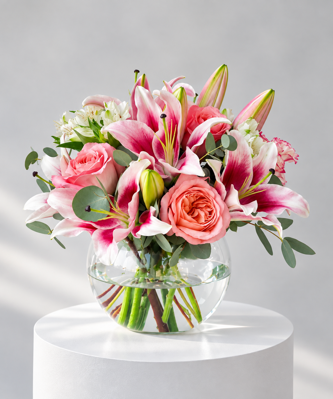 Pink lily alstroemeria and spray rose flower bowl arrangement by Petal Box