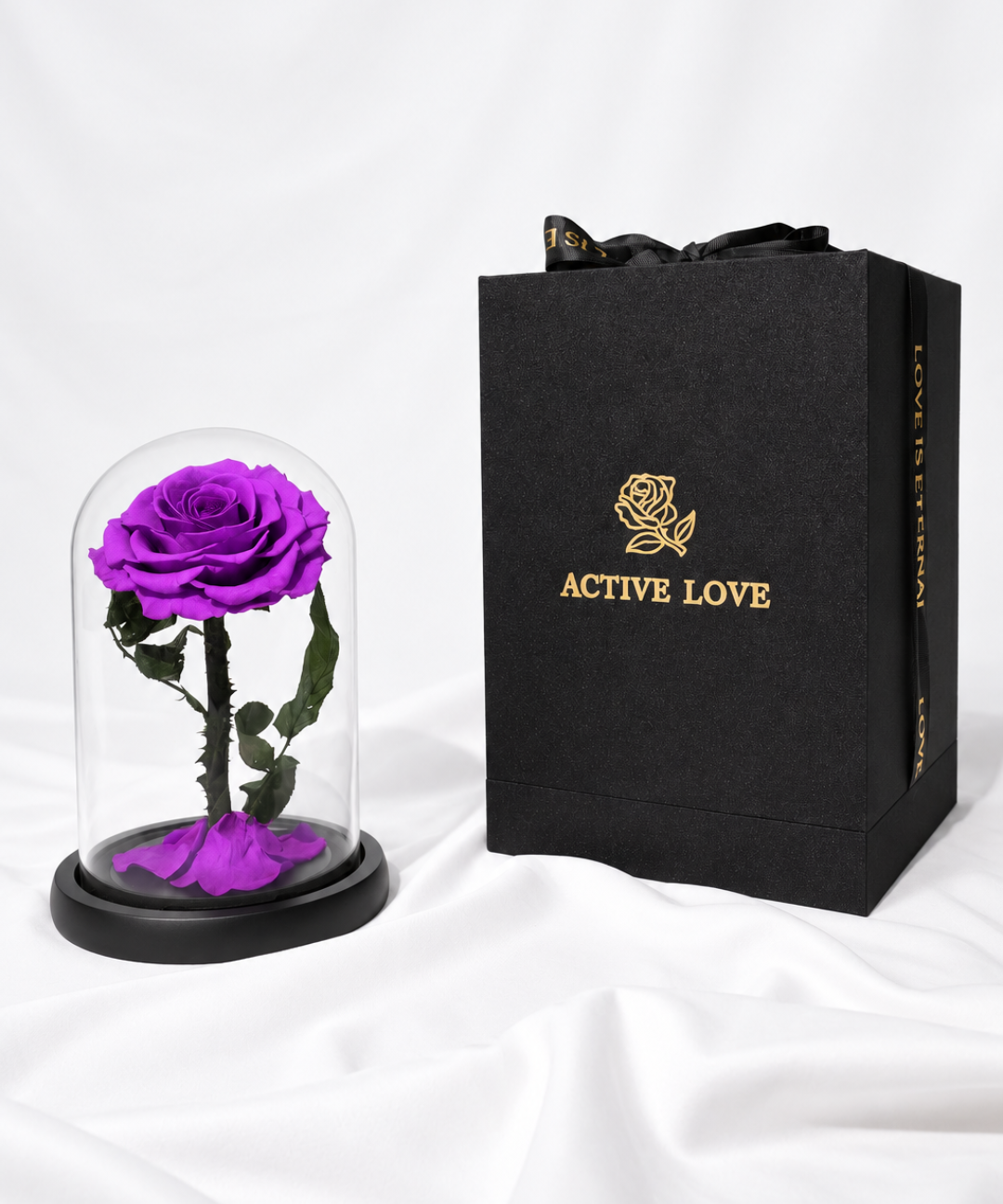 Luxury purple forever rose preserved under a clear glass dome  an everlasting purple rose gift for anniversaries, birthdays and romantic occasions, available with flower gifting delivery in Abu Dhabi and Dubai, UAE.