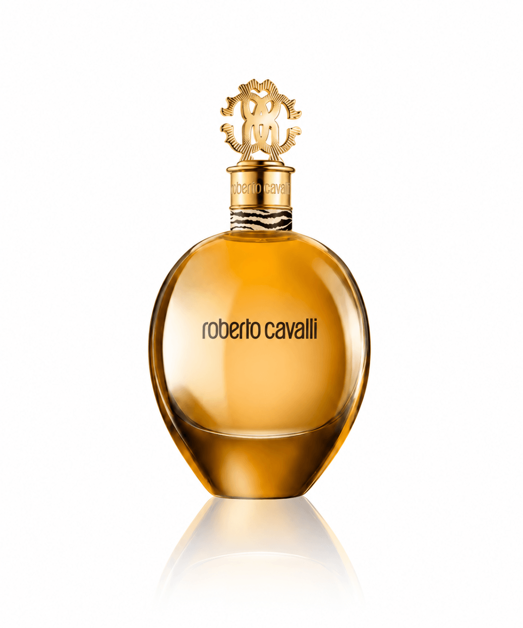 Roberto Cavalli Eau de Parfum for Women 75ml, featuring a luxurious golden oval perfume bottle with an ornate gold cap and matching gold packaging with signature tiger-print detailing, available for women's designer perfume shopping in Abu Dhabi, Dubai and across the UAE.