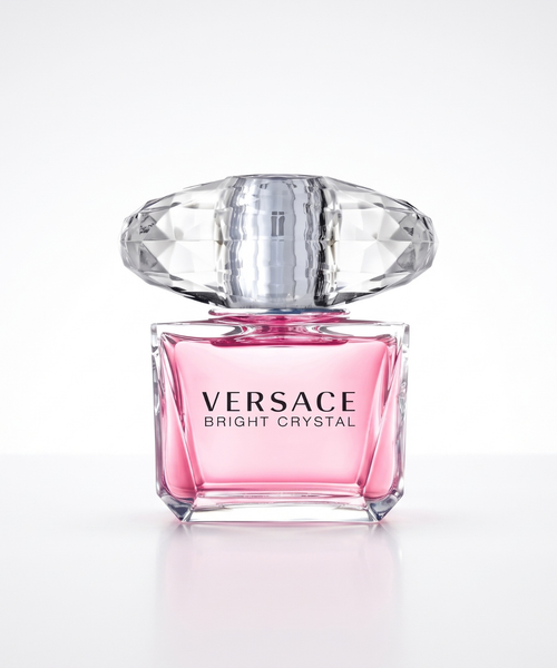 Versace Bright Crystal EDT for Women 90ml, pink floral fruity perfume in a luxury clear glass bottle with a crystal-cut cap, available for perfume shopping in Abu Dhabi, Dubai and across the UAE.