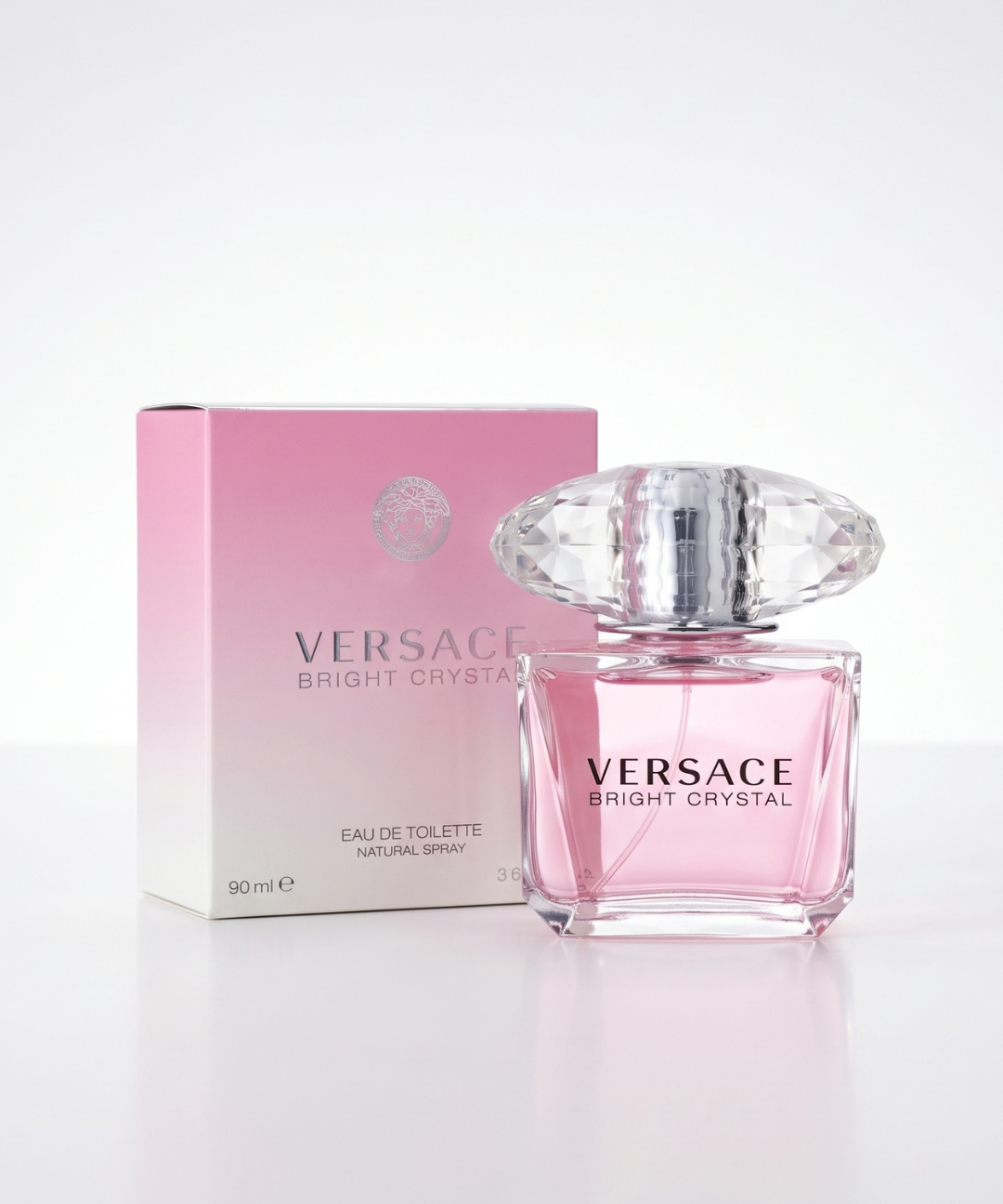 Versace Bright Crystal EDT for Women 90ml, pink floral fruity perfume in a luxury clear glass bottle with a crystal-cut cap, available for perfume shopping in Abu Dhabi, Dubai and across the UAE.