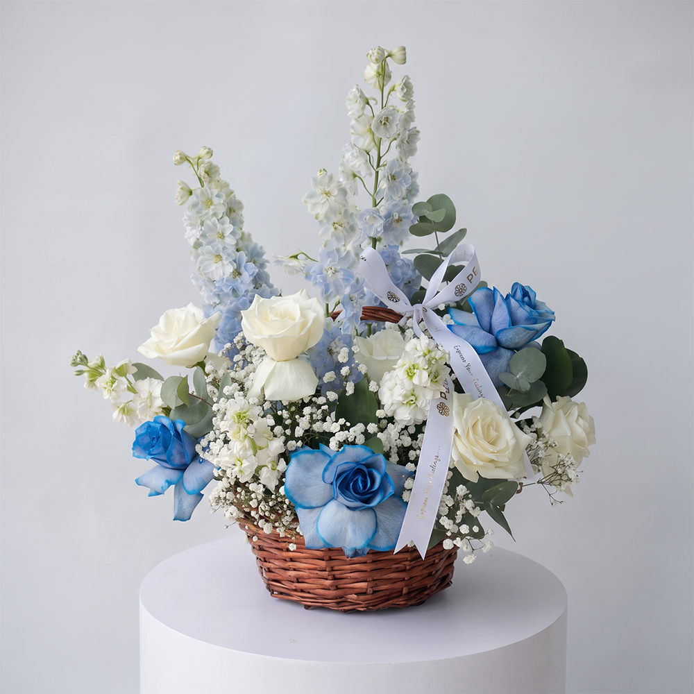 Blue & White Floral Basket Arrangement