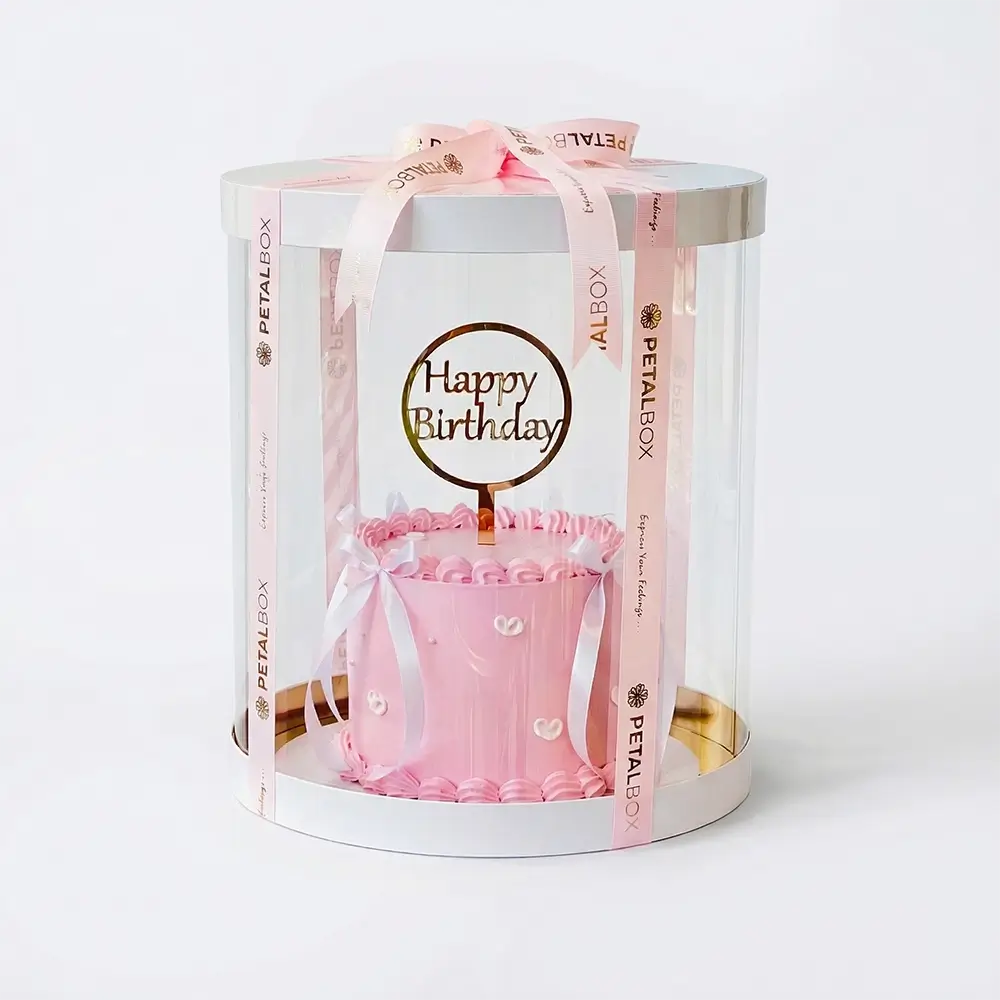 pink birthday cake gift box in a transparent box abu dhabi dubai delivery