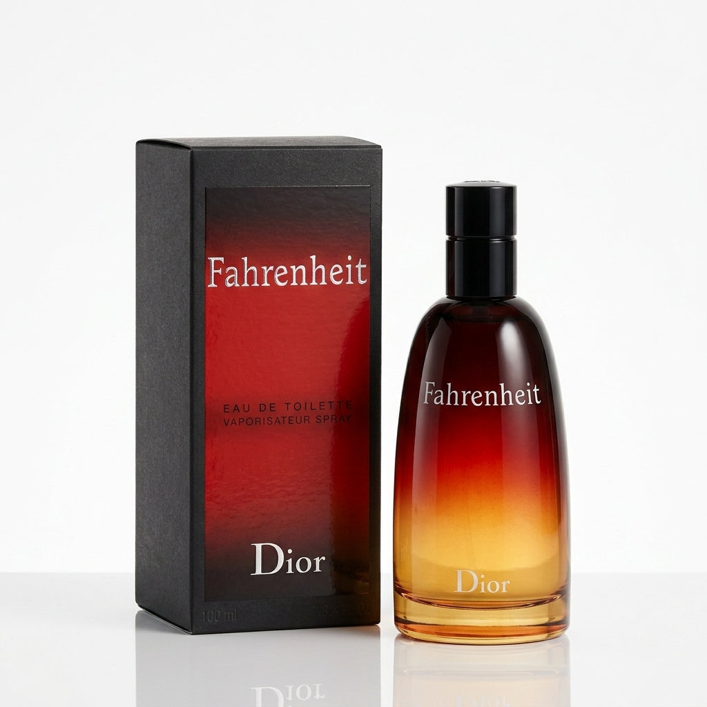 Dior Fahrenheit EDT 100ml bottle, red amber gradient glass, men's perfume