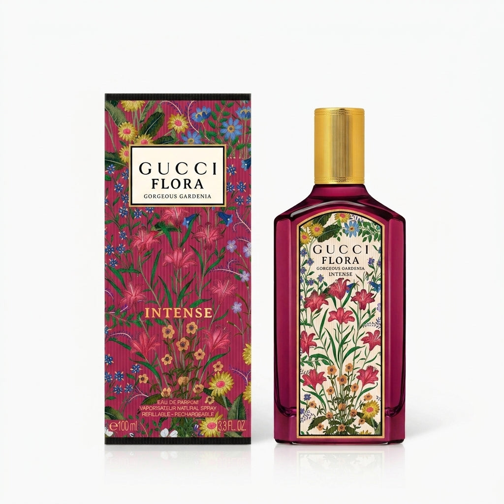 Gucci Flora Gorgeous Gardenia EDP 100ml bottle, magenta glass, floral label