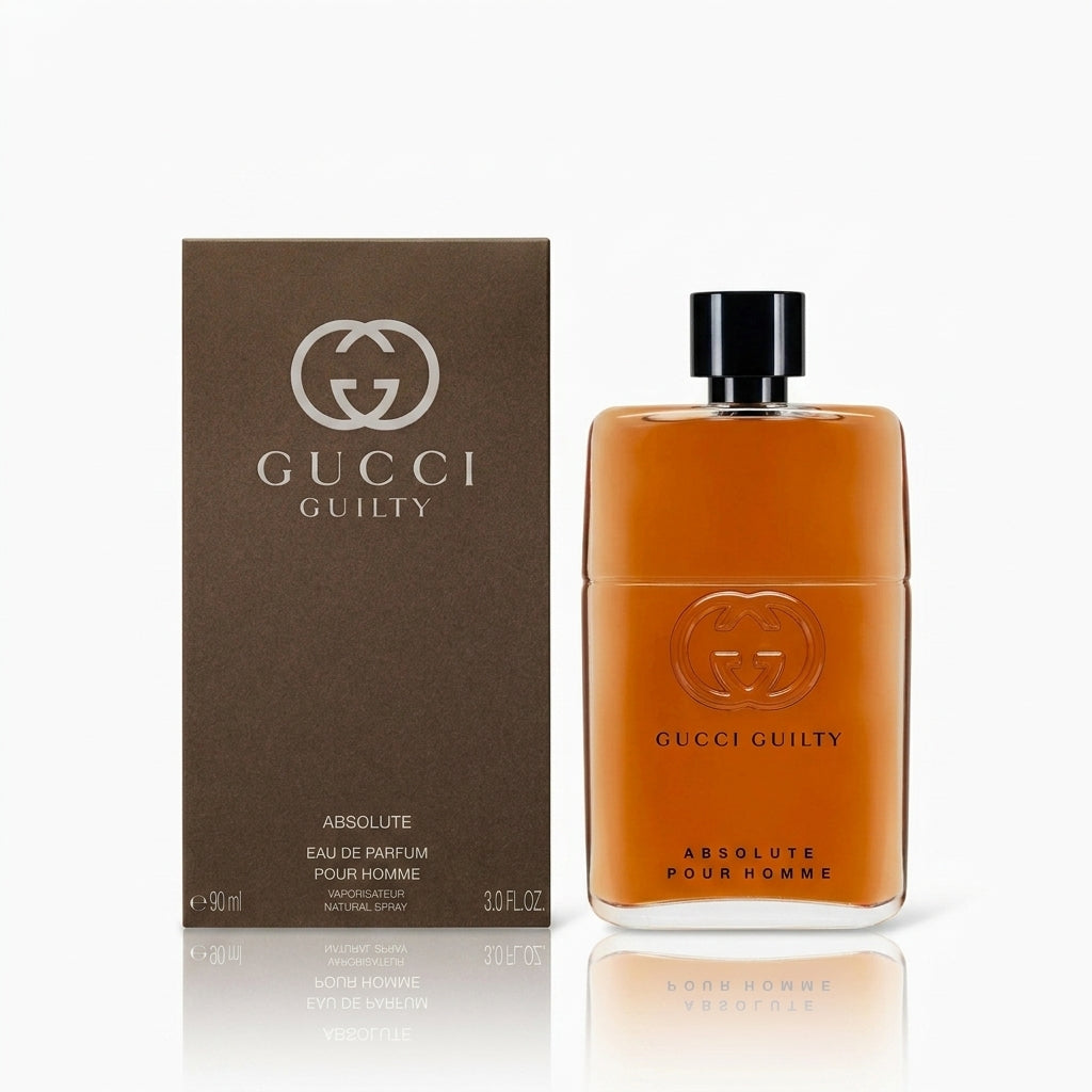 Gucci Guilty Absolute EDP 90ml bottle and brown box, men's leather scent