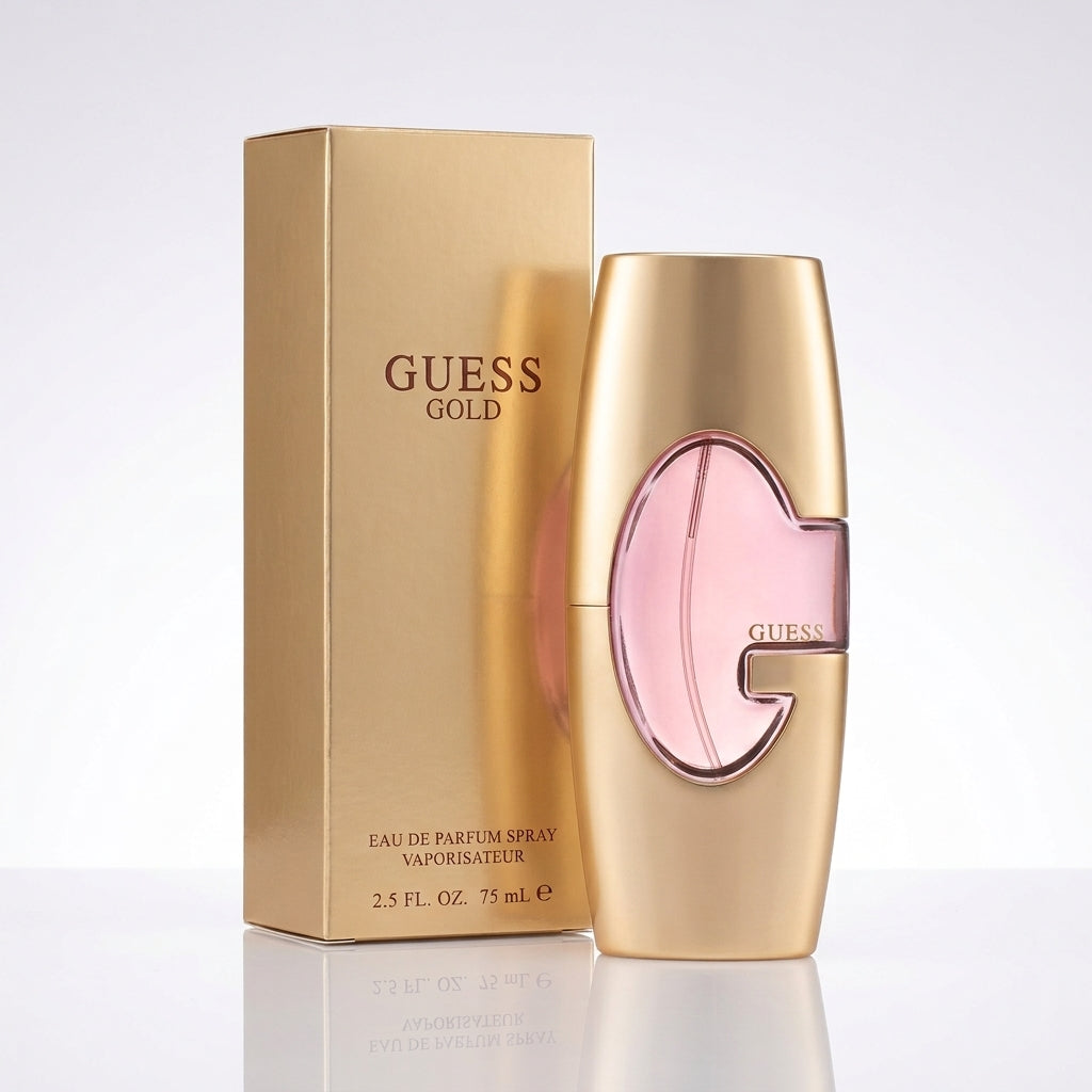 Guess Gold EDP 75ml bottle, gold glass, logo cutout, women's perfume