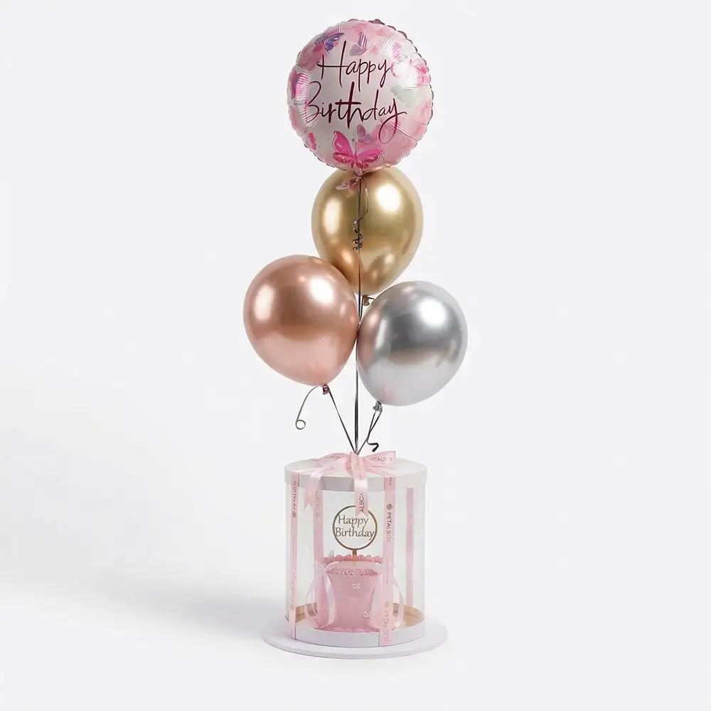 pink birthday cake gift box with balloons transparent box abu dhabi dubai delivery