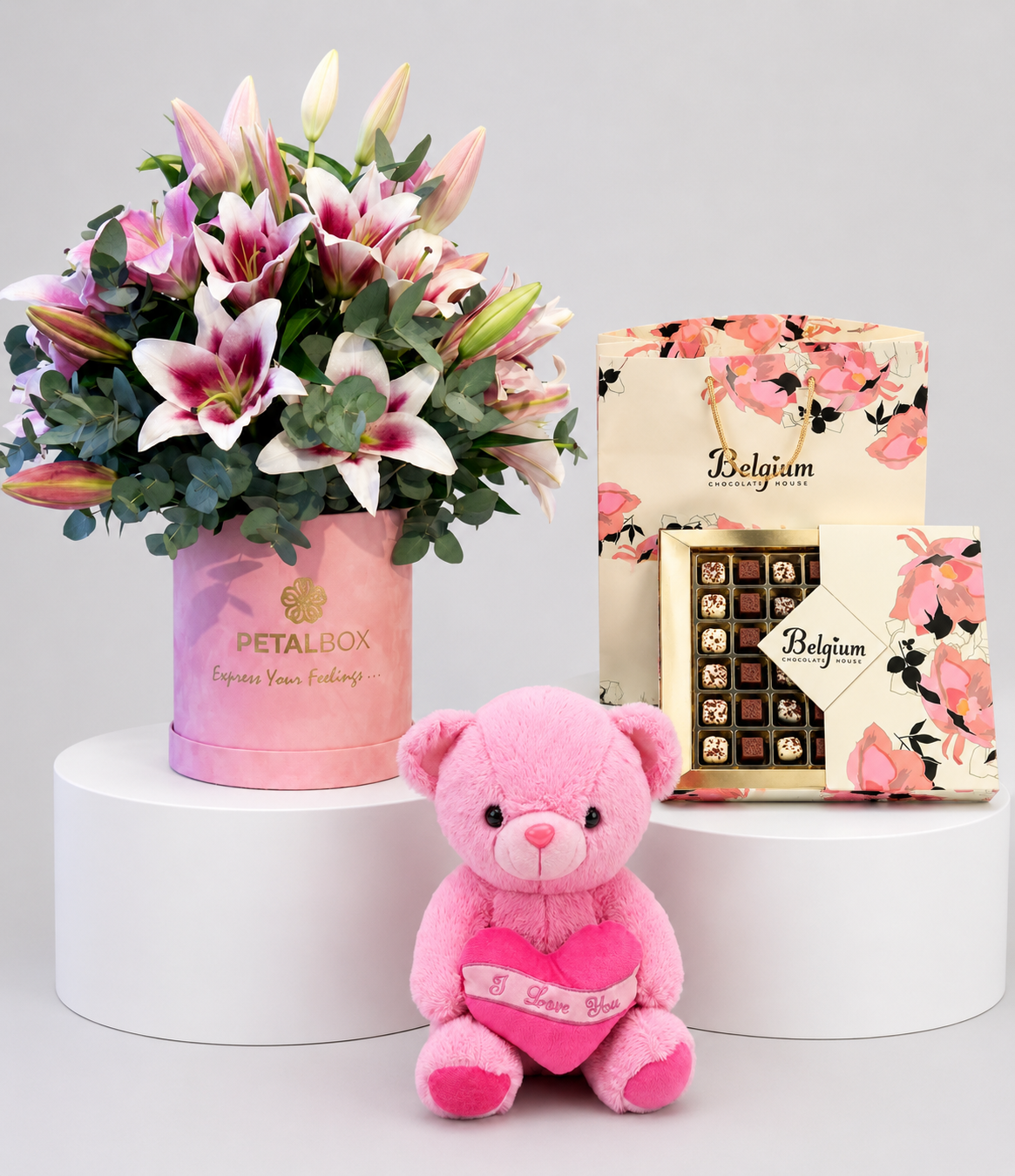 Pink Lilies Chocolate & Teddy Combo