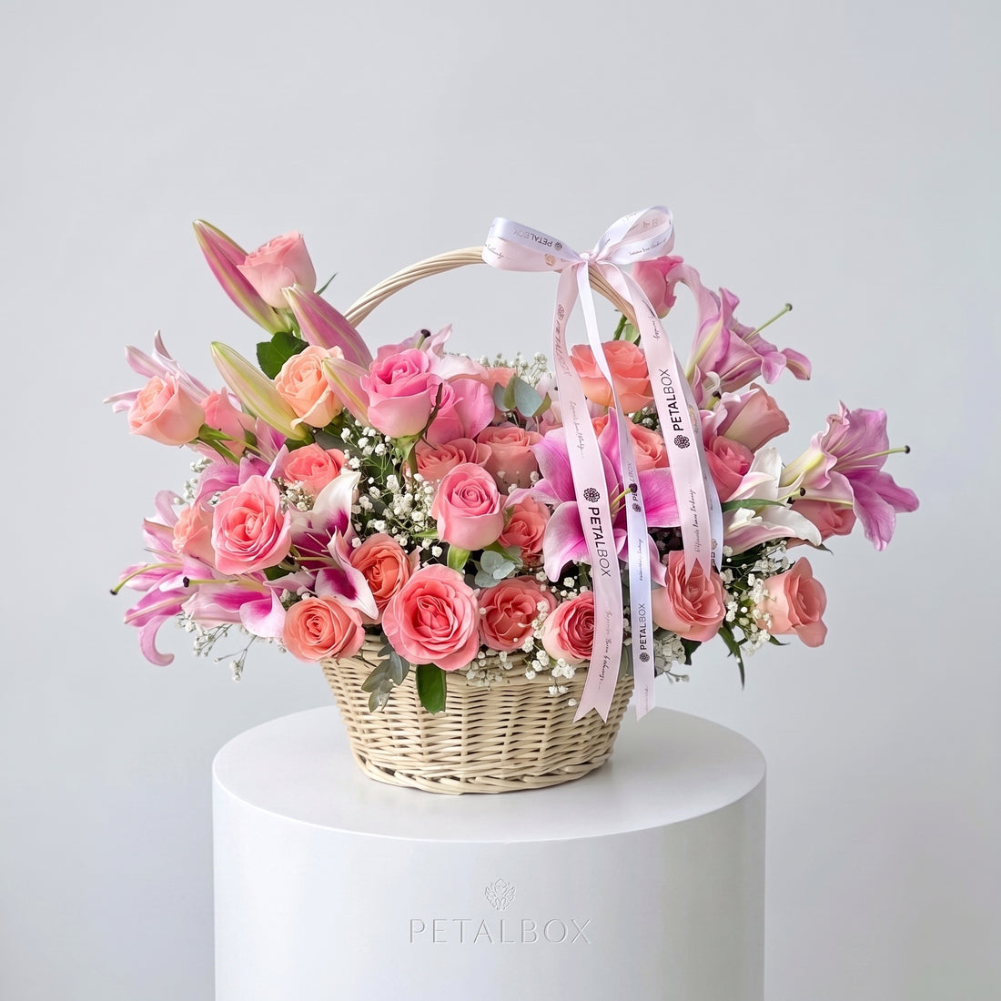 Pink Lily Rose Flower Basket