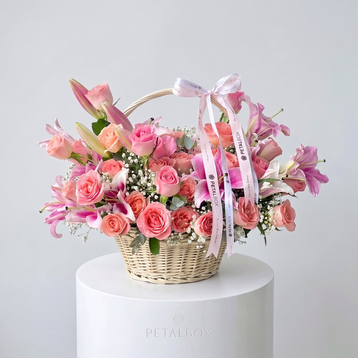 Pink Lily Rose Flower Basket