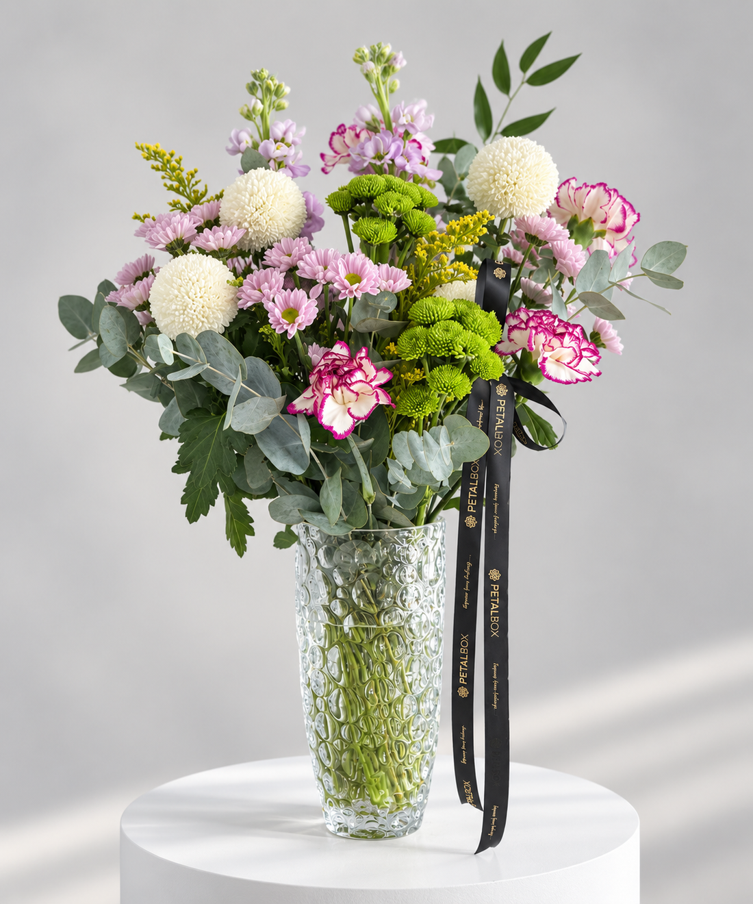 Pink white and green mixed flower vase with chrysanthemums carnations matthiola and solidago by Petal Box
