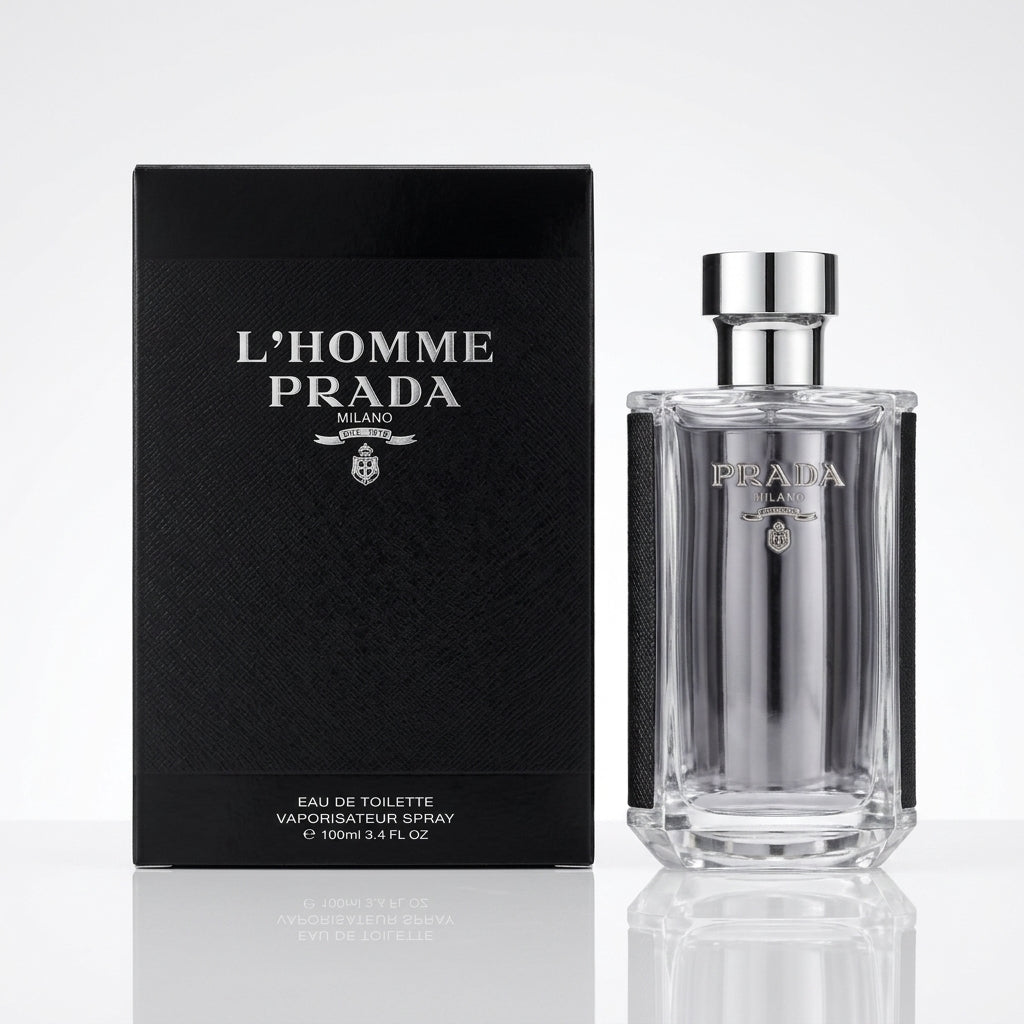 Prada L'Homme EDT 100ml bottle, clear glass, silver cap, men's perfume