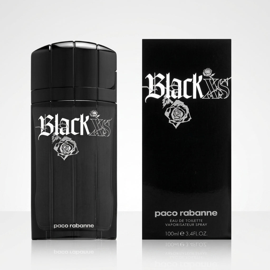 Rabanne Black XS EDT 100ml bottle, black glass, rose graphic, men's perfume