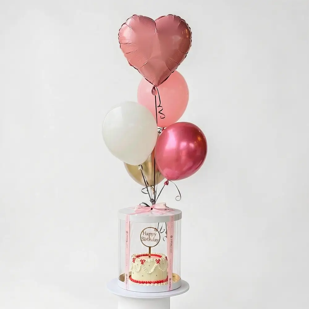 birthday cake gift box with balloons transparent box abu dhabi dubai delivery