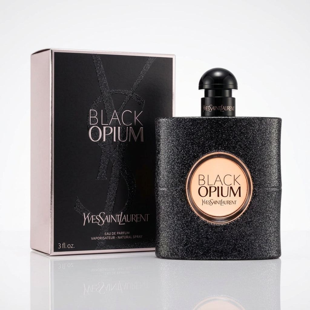 YSL Black Opium EDP 90ml bottle, black glass, gold logo, women's perfume