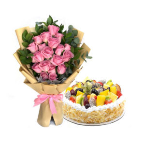 Fruit Cake with Flower Bouquet