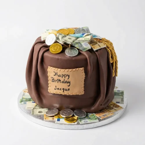 Money theme birthday cake shaped as a cash bag with fondant coins, euro notes and personalised Happy Birthday plaque, Petal Box Abu Dhabi