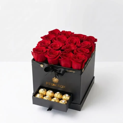 Luxury red rose and Ferrero Rocher chocolate gift box in a premium black Petal Box, designed for romantic gifting and elegant special occasions.