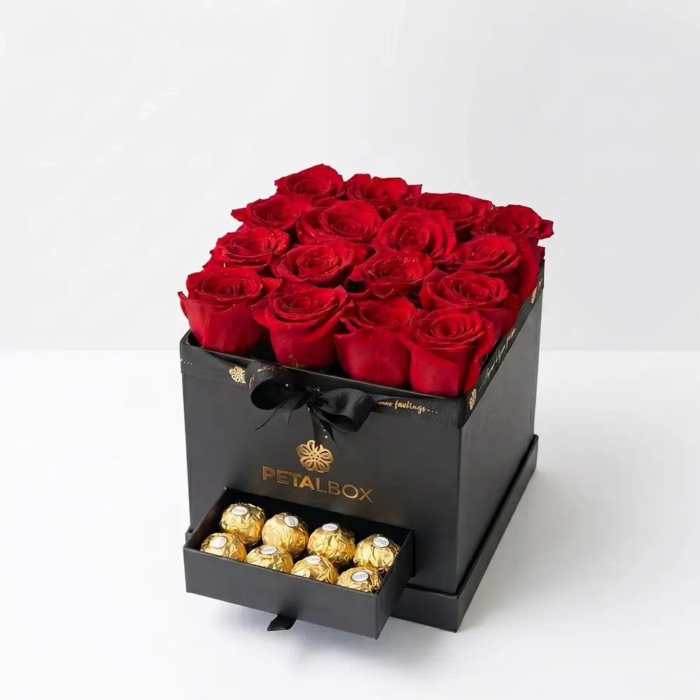 Luxury red rose and Ferrero Rocher chocolate gift box in a premium black Petal Box, designed for romantic gifting and elegant special occasions.