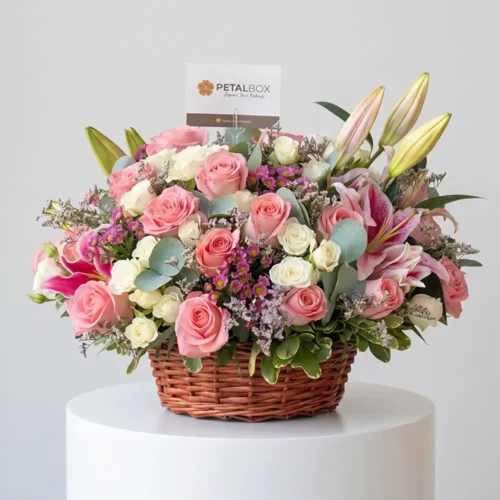 Elegant pink lily and rose basket arrangement with fresh blush roses, white spray roses, blooming oriental lilies, and seasonal fillers in a rustic woven basket.