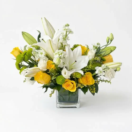 yellow white flower arrangement square glass vase roses lilies abu dhabi dubai delivery