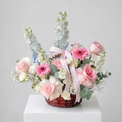 Petal Box pink rose and gerbera flower basket arrangement in Abu Dhabi and Dubai