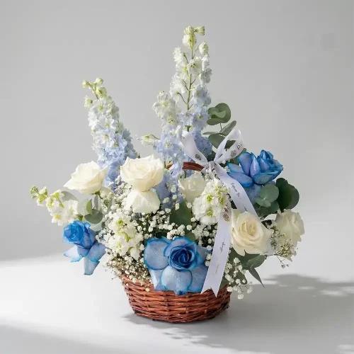 blue and white flower basket arrangement with roses & delphinium in abu dhabi & dubai for same-day delivery
