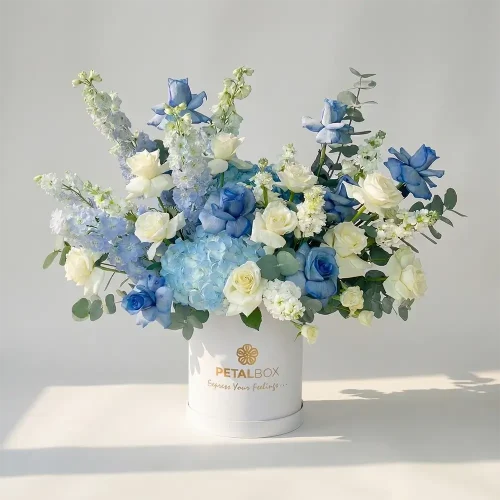 Petal Box blue and white luxury flower arrangement with roses and hydrangea in Abu Dhabi and Dubai