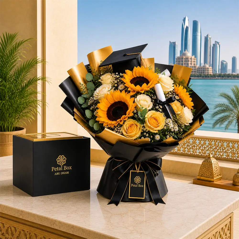 Graduation-themed flower bouquet with sunflowers and yellow roses wrapped in black and gold paper, featuring a graduation cap and diploma, displayed on a table beside a “Petal Box Abu Dhabi” gift box, with a waterfront city skyline in the background.