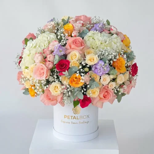 Pastel Mixed Flower Box with mixed roses, spray roses, purple matthiola, white hydrangea, gypsophila, eucalyptus, and green leaves in a white hatbox.