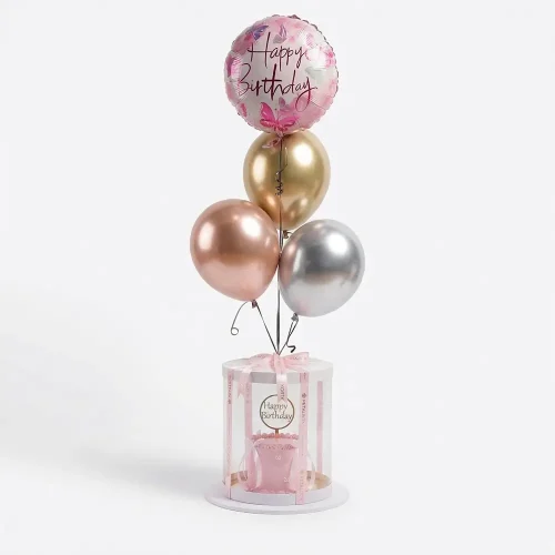 pink birthday cake gift box with balloons transparent box abu dhabi dubai delivery