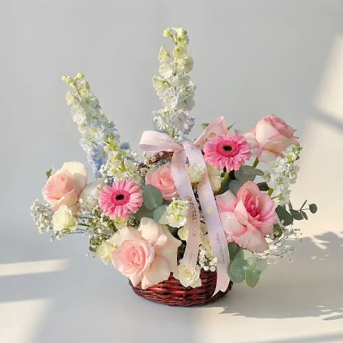 Petal Box pink rose and gerbera flower basket arrangement in Abu Dhabi and Dubai