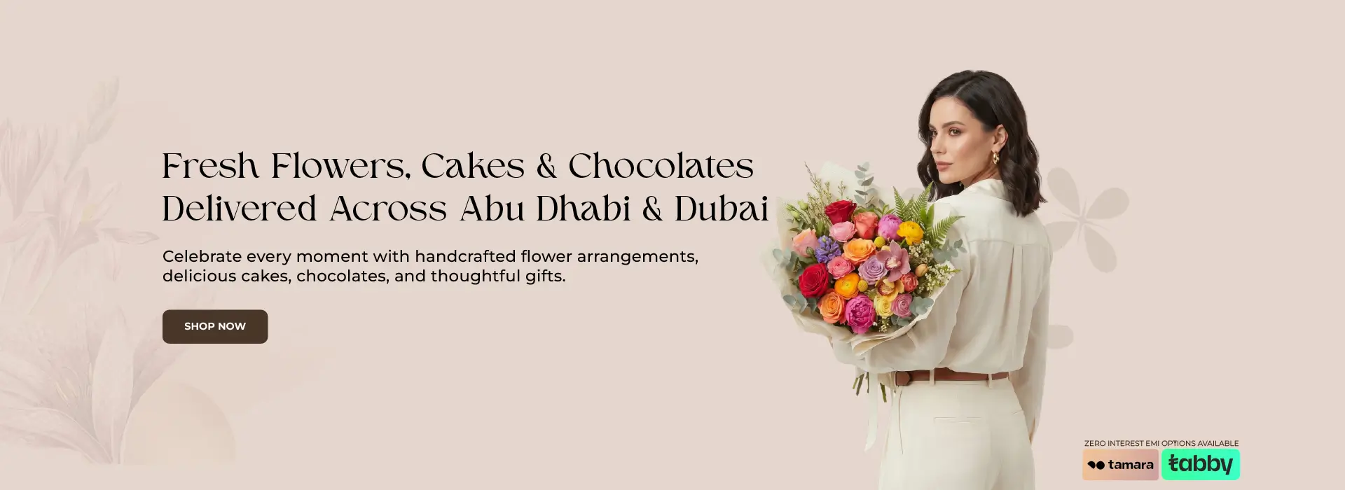 A banner showcasing fresh flowers, cakes, and chocolates delivered across Abu Dhabi and Dubai, featuring a woman holding a bouquet of roses and wearing a pink hat. The image highlights a special offer with 10% off, free shipping on orders above 250 AED, and same-day and midnight delivery available.