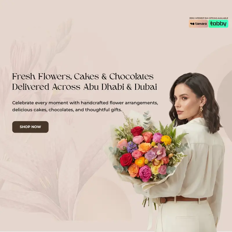 A Mobile banner showcasing fresh flowers, cakes, and chocolates delivered across Abu Dhabi and Dubai, featuring a woman holding a bouquet of roses and wearing a pink hat. The image highlights a special offer with 10% off, free shipping on orders above 250 AED, and same-day and midnight delivery available.