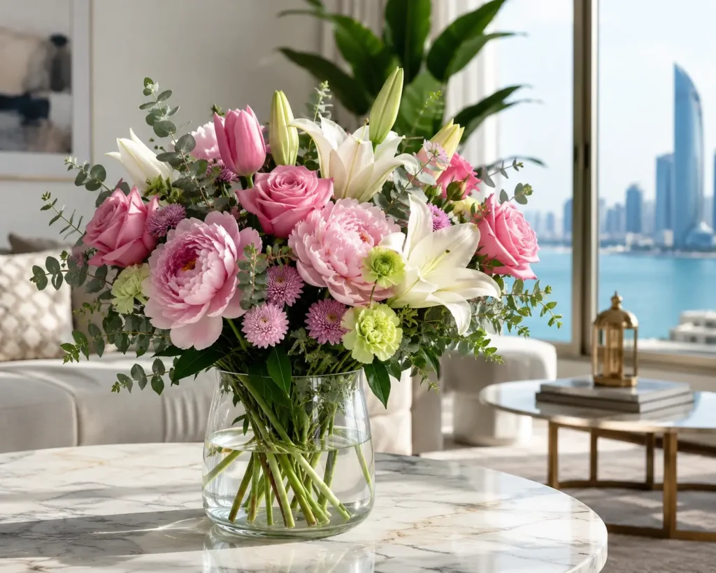 fresh mixed flower bouquet in a clear glass vase with pink peonies, roses, white lilies and tulips, displayed in a luxury Abu Dhabi home interior with waterfront skyline view, showcasing premium flower care and vase arrangement by Petal Box UAE