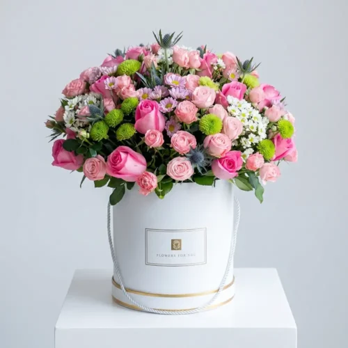 Elegant pink mixed flower arrangement with pink roses, spray roses, chrysanthemums, green button flowers, and fresh greenery in a luxury white floral box for premium gifting in Abu Dhabi and Dubai.